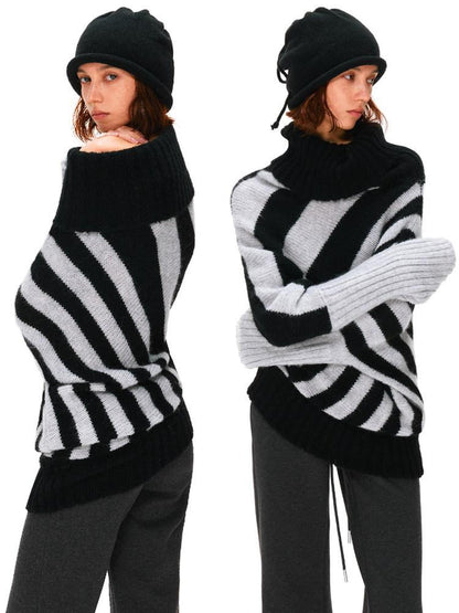 kvkv Soft Mohair Blend Vintage One Shoulder Batwing Long Sleeve Women Striped Sweater
