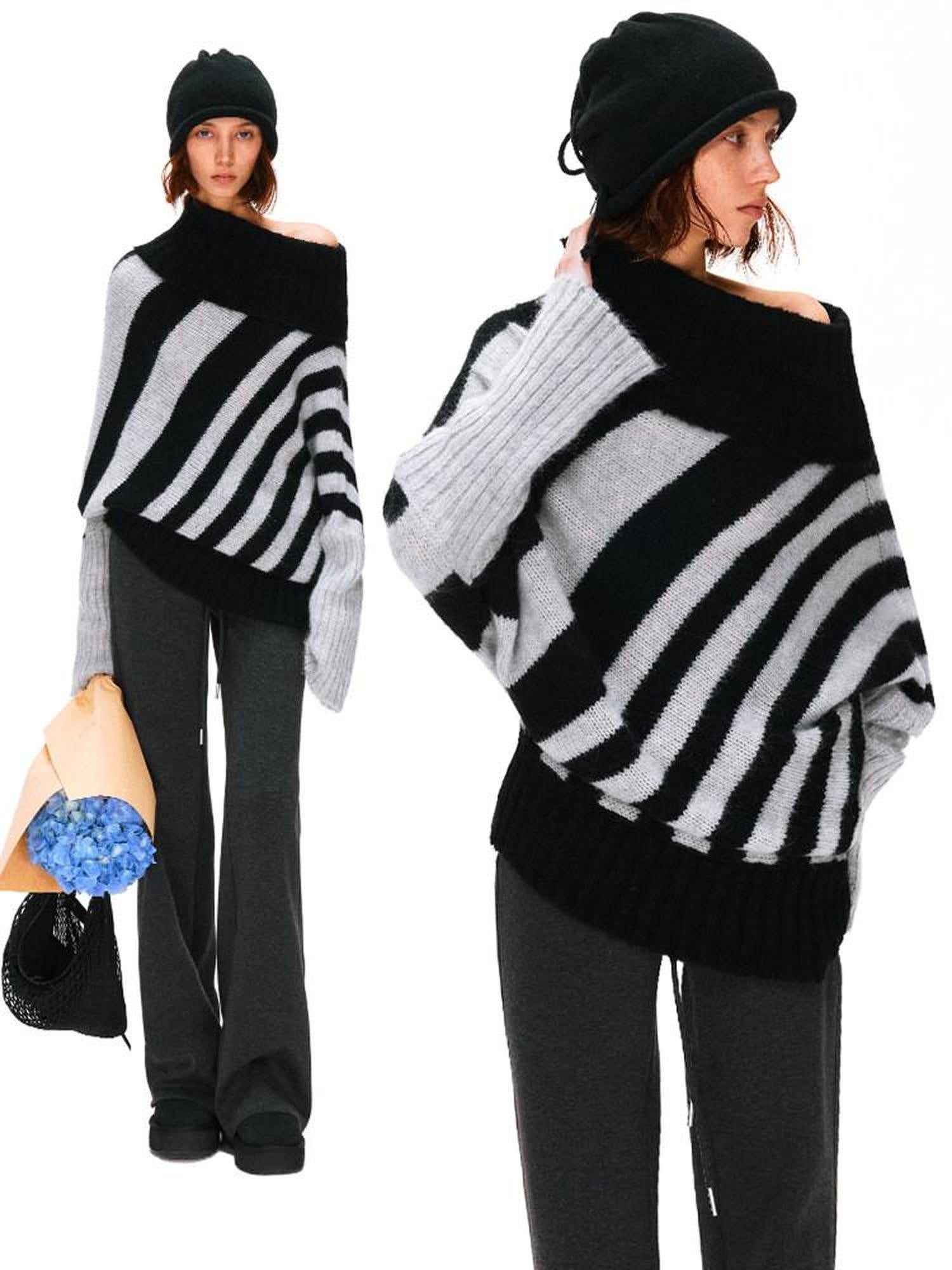 kvkv Soft Mohair Blend Vintage One Shoulder Batwing Long Sleeve Women Striped Sweater