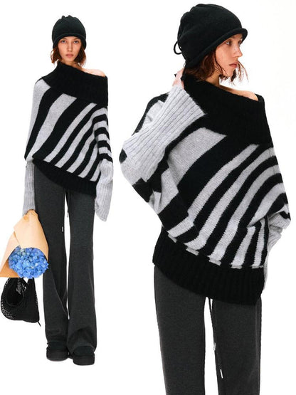 kvkv Soft Mohair Blend Vintage One Shoulder Batwing Long Sleeve Women Striped Sweater