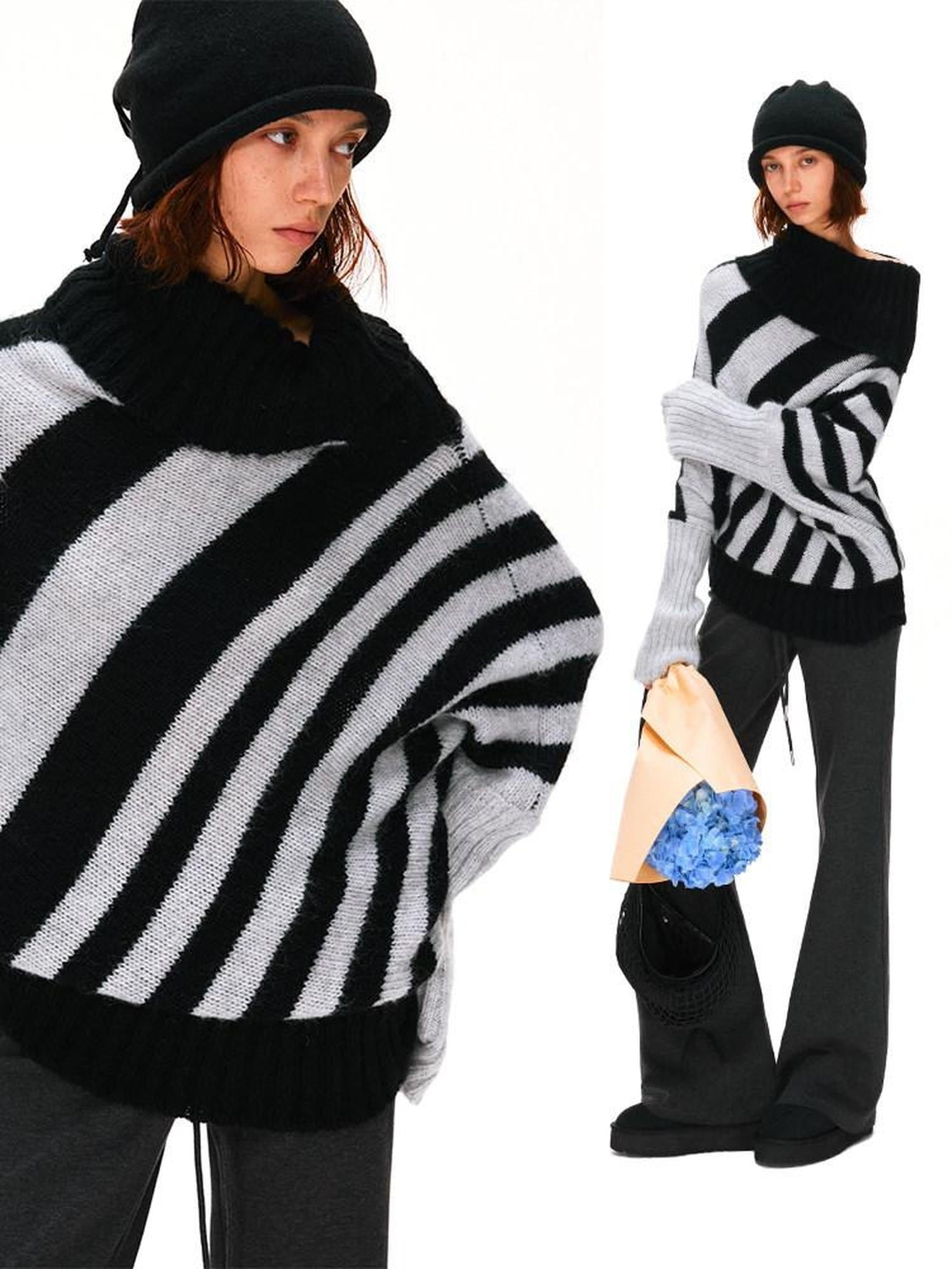 kvkv Soft Mohair Blend Vintage One Shoulder Batwing Long Sleeve Women Striped Sweater