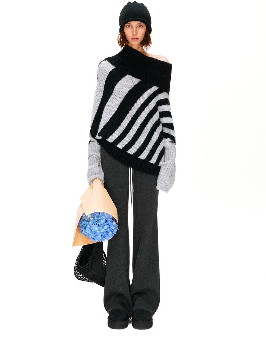 kvkv Soft Mohair Blend Vintage One Shoulder Batwing Long Sleeve Women Striped Sweater