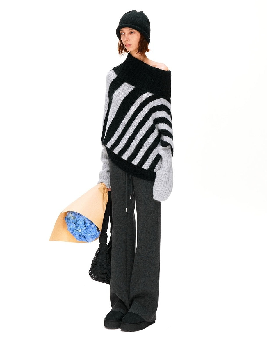 kvkv Soft Mohair Blend Vintage One Shoulder Batwing Long Sleeve Women Striped Sweater