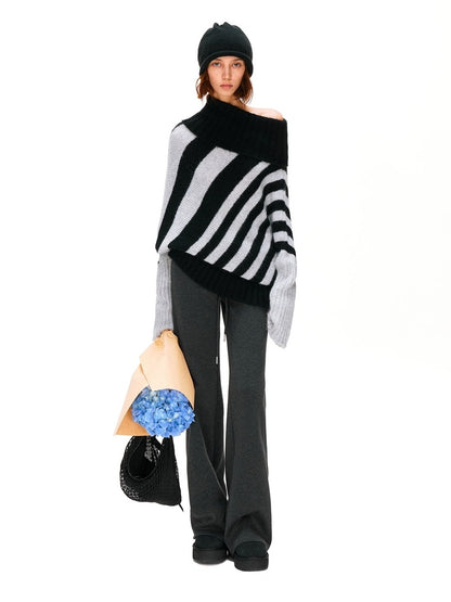 kvkv Soft Mohair Blend Vintage One Shoulder Batwing Long Sleeve Women Striped Sweater