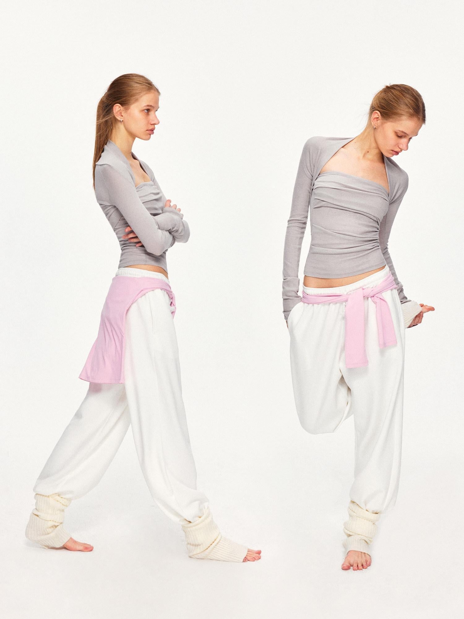 kvkv Soft Pleated Square Neck Slim Fit Long Sleeve Yoga Active Cotton T-Shirt