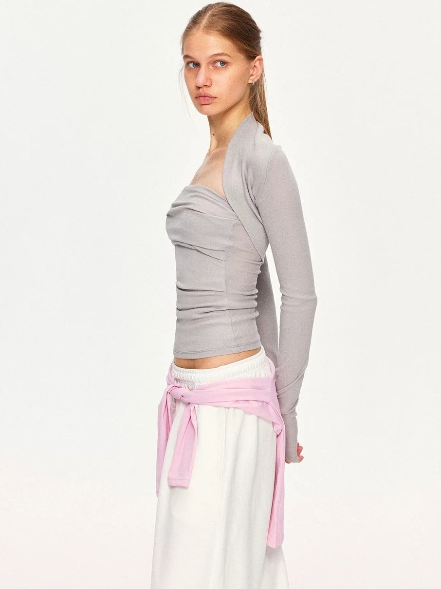kvkv Soft Pleated Square Neck Slim Fit Long Sleeve Yoga Active Cotton T-Shirt