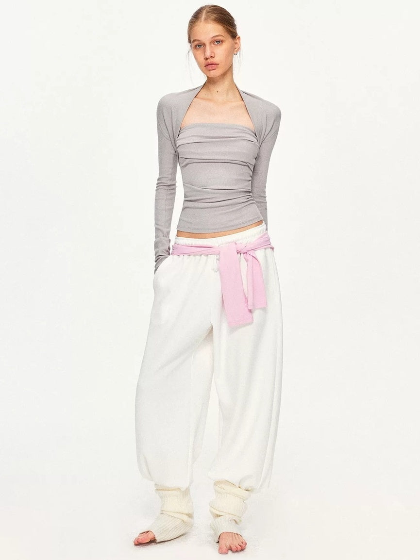 kvkv Soft Pleated Square Neck Slim Fit Long Sleeve Yoga Active Cotton T-Shirt