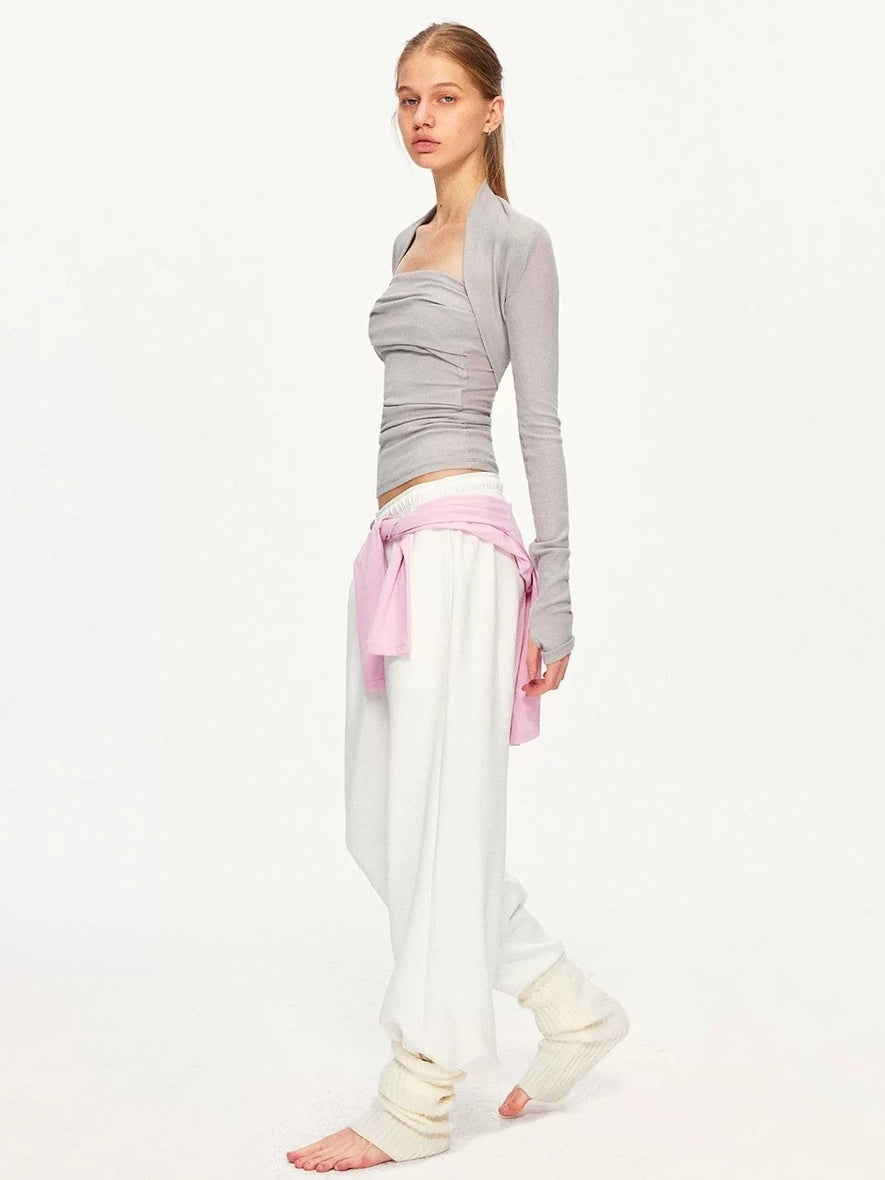 kvkv Soft Pleated Square Neck Slim Fit Long Sleeve Yoga Active Cotton T-Shirt