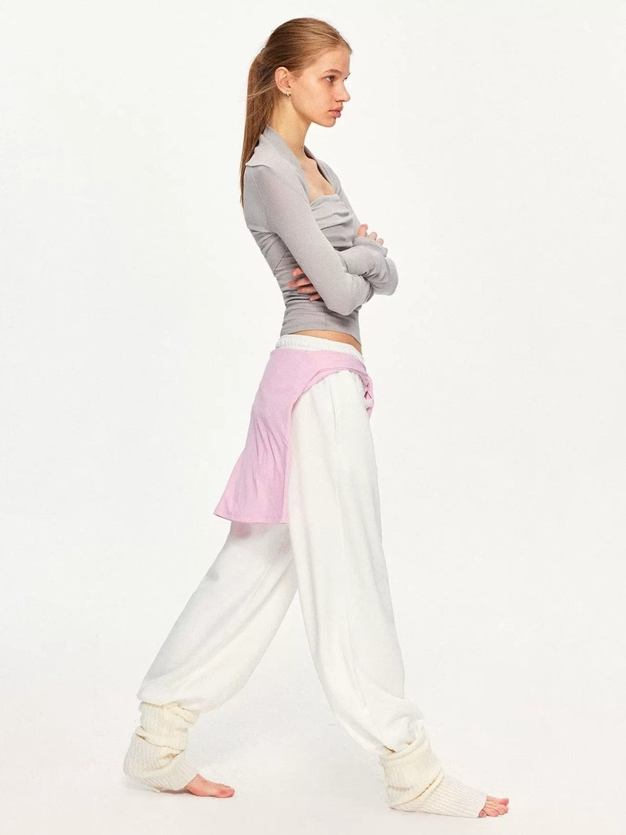 kvkv Soft Pleated Square Neck Slim Fit Long Sleeve Yoga Active Cotton T-Shirt