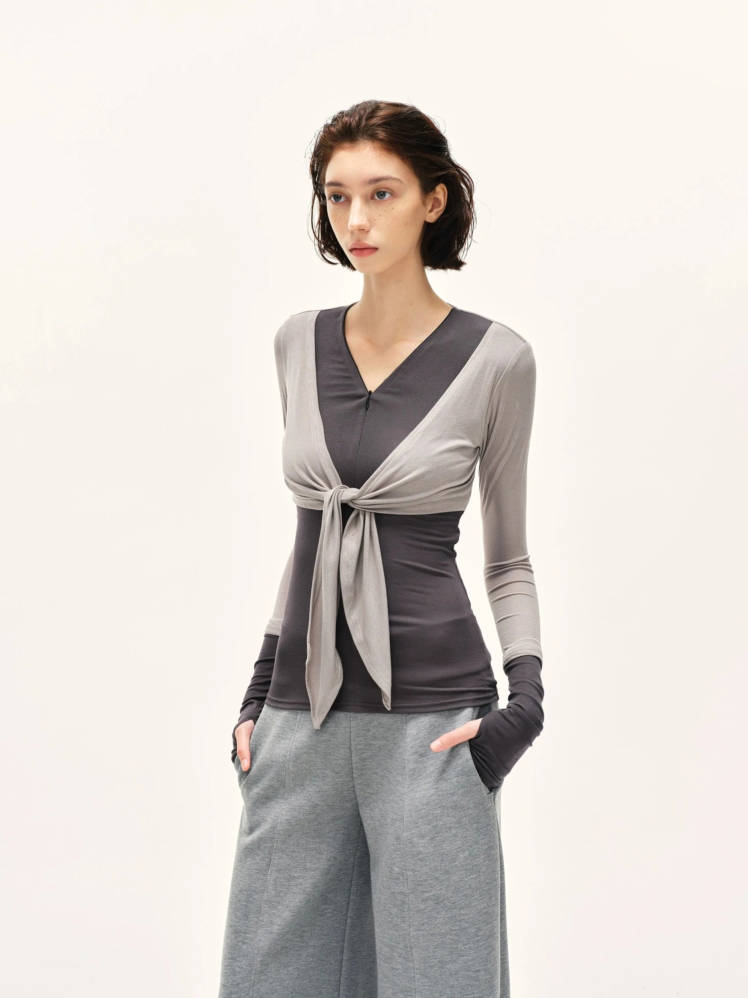 kvkv Soft Touch Modal Bow Tie Yoga Zip Top