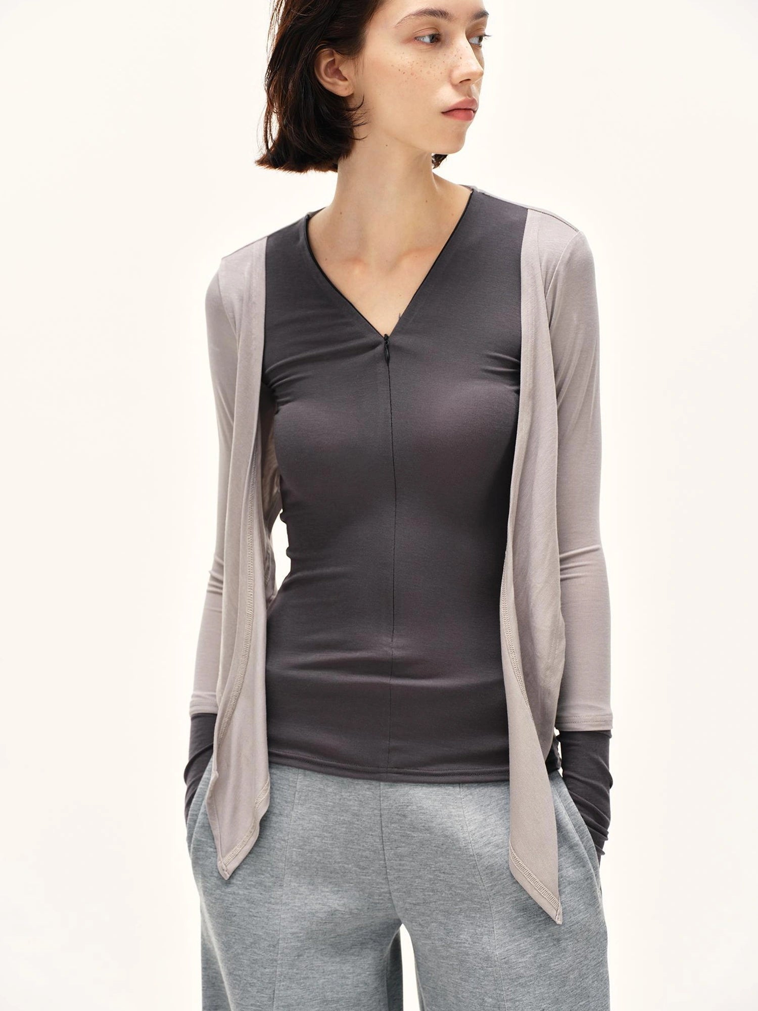 kvkv Soft Touch Modal Bow Tie Yoga Zip Top