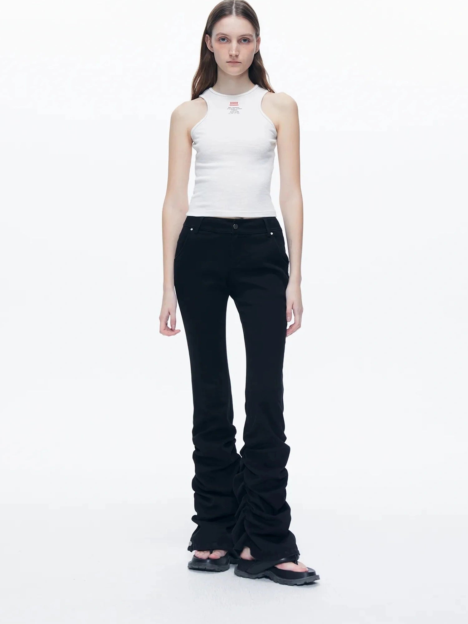 kvkv Stretch Black Flared Ruffle Hem Jeans