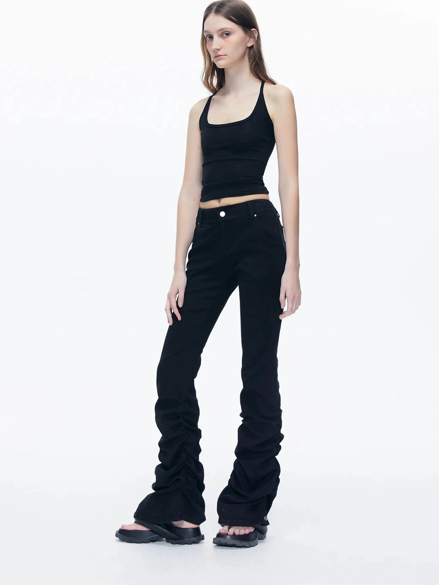 kvkv Stretch Black Flared Ruffle Hem Jeans