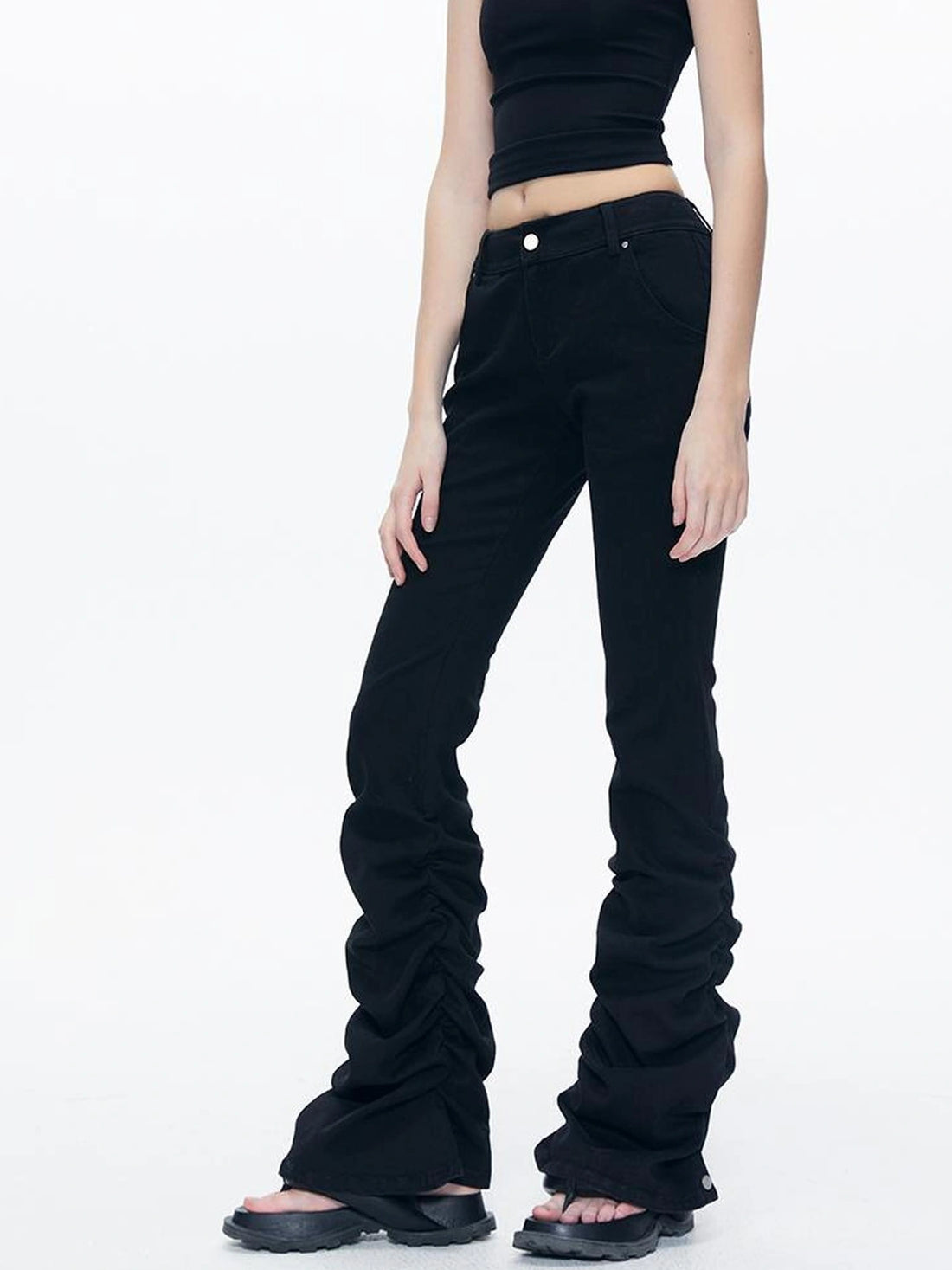 kvkv Stretch Black Flared Ruffle Hem Jeans