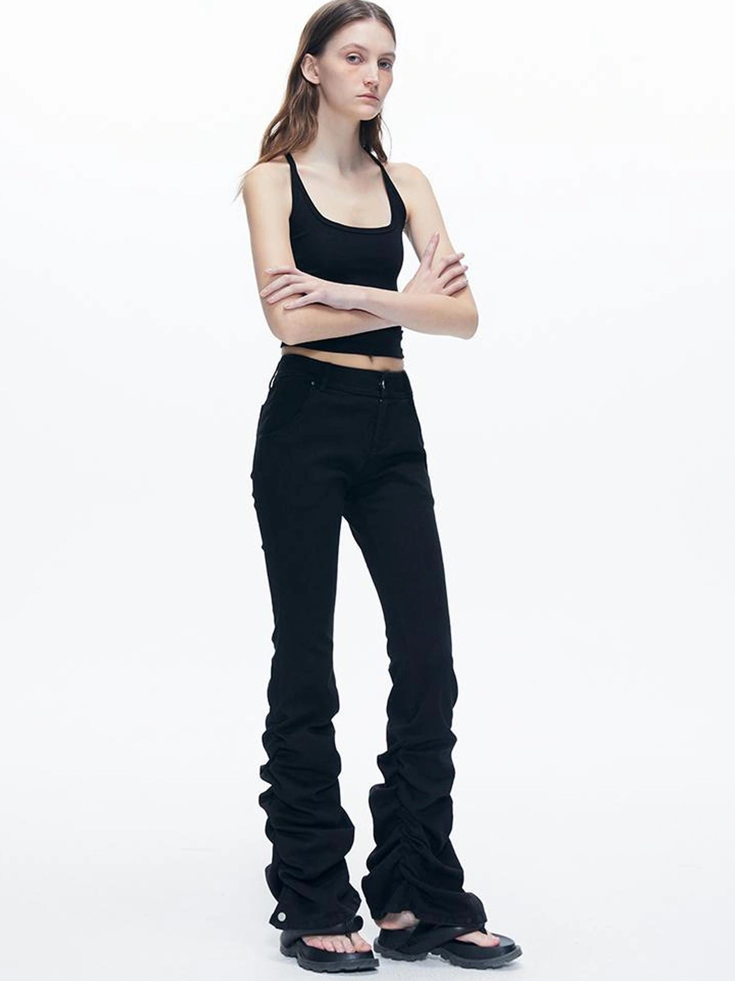 kvkv Stretch Black Flared Ruffle Hem Jeans