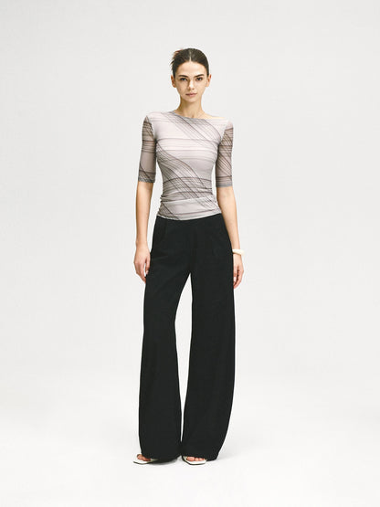 kvkv Stretch Checkered Mesh Slim Fit Mid Sleeve Top