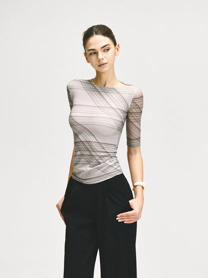 kvkv Stretch Checkered Mesh Slim Fit Mid Sleeve Top