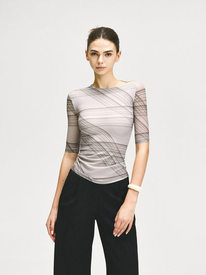 kvkv Stretch Checkered Mesh Slim Fit Mid Sleeve Top