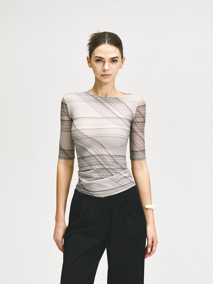 kvkv Stretch Checkered Mesh Slim Fit Mid Sleeve Top