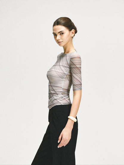 kvkv Stretch Checkered Mesh Slim Fit Mid Sleeve Top