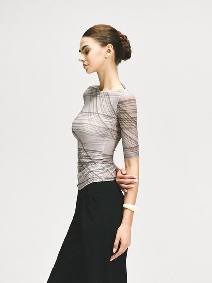 kvkv Stretch Checkered Mesh Slim Fit Mid Sleeve Top