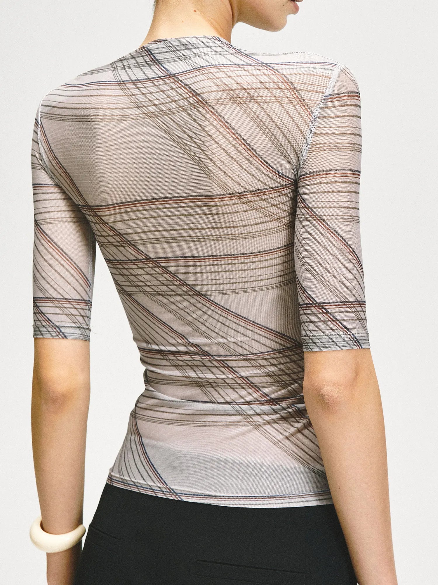 kvkv Stretch Checkered Mesh Slim Fit Mid Sleeve Top