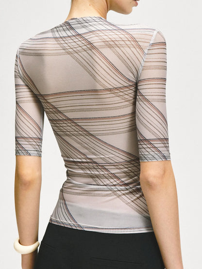 kvkv Stretch Checkered Mesh Slim Fit Mid Sleeve Top