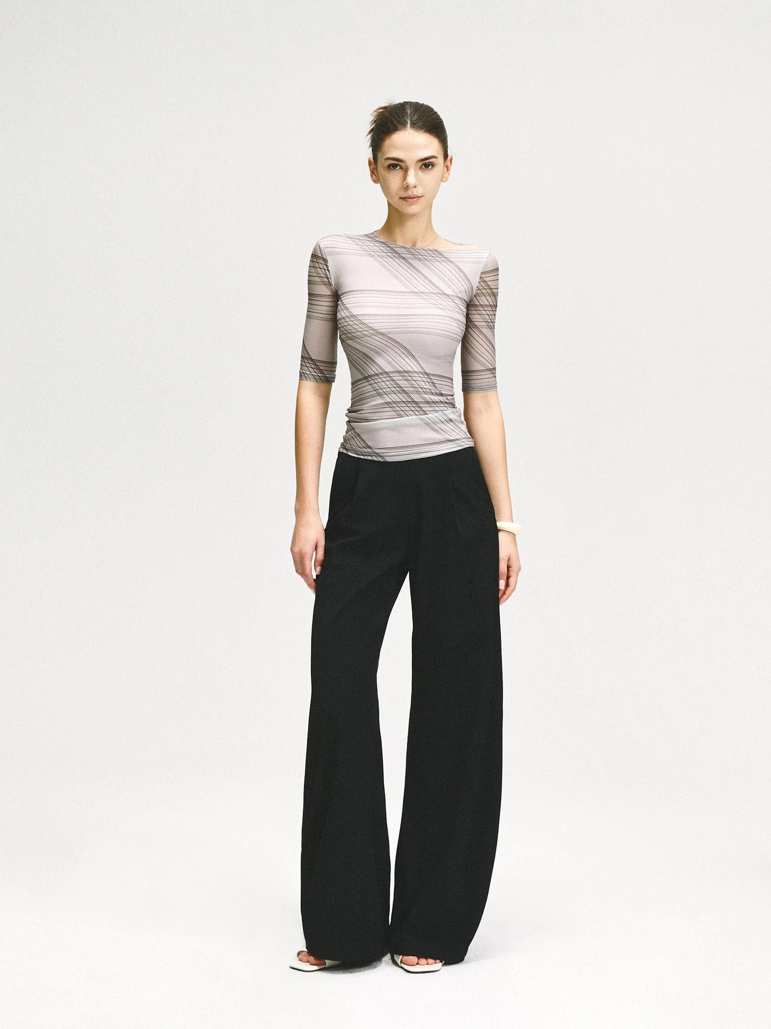 kvkv Stretch Checkered Mesh Slim Fit Mid Sleeve Top