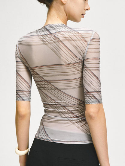 kvkv Stretch Checkered Mesh Slim Fit Mid Sleeve Top