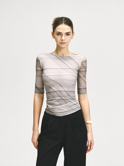 kvkv Stretch Checkered Mesh Slim Fit Mid Sleeve Top