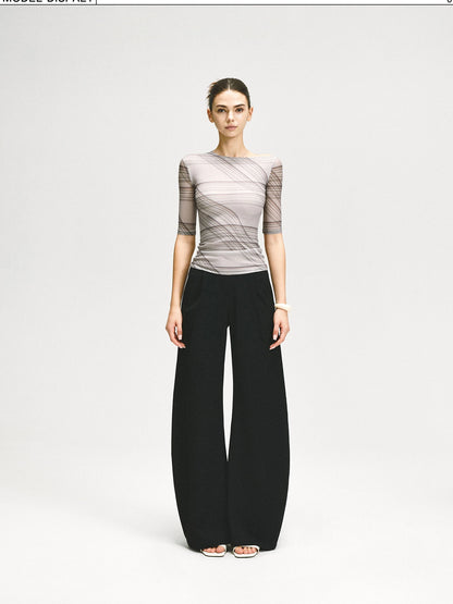 kvkv Stretch Checkered Mesh Slim Fit Mid Sleeve Top