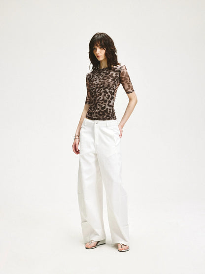 KVKV Yoga Clothing Brand - Stretch Leopard Mesh Slim Fit Mid Sleeve Top