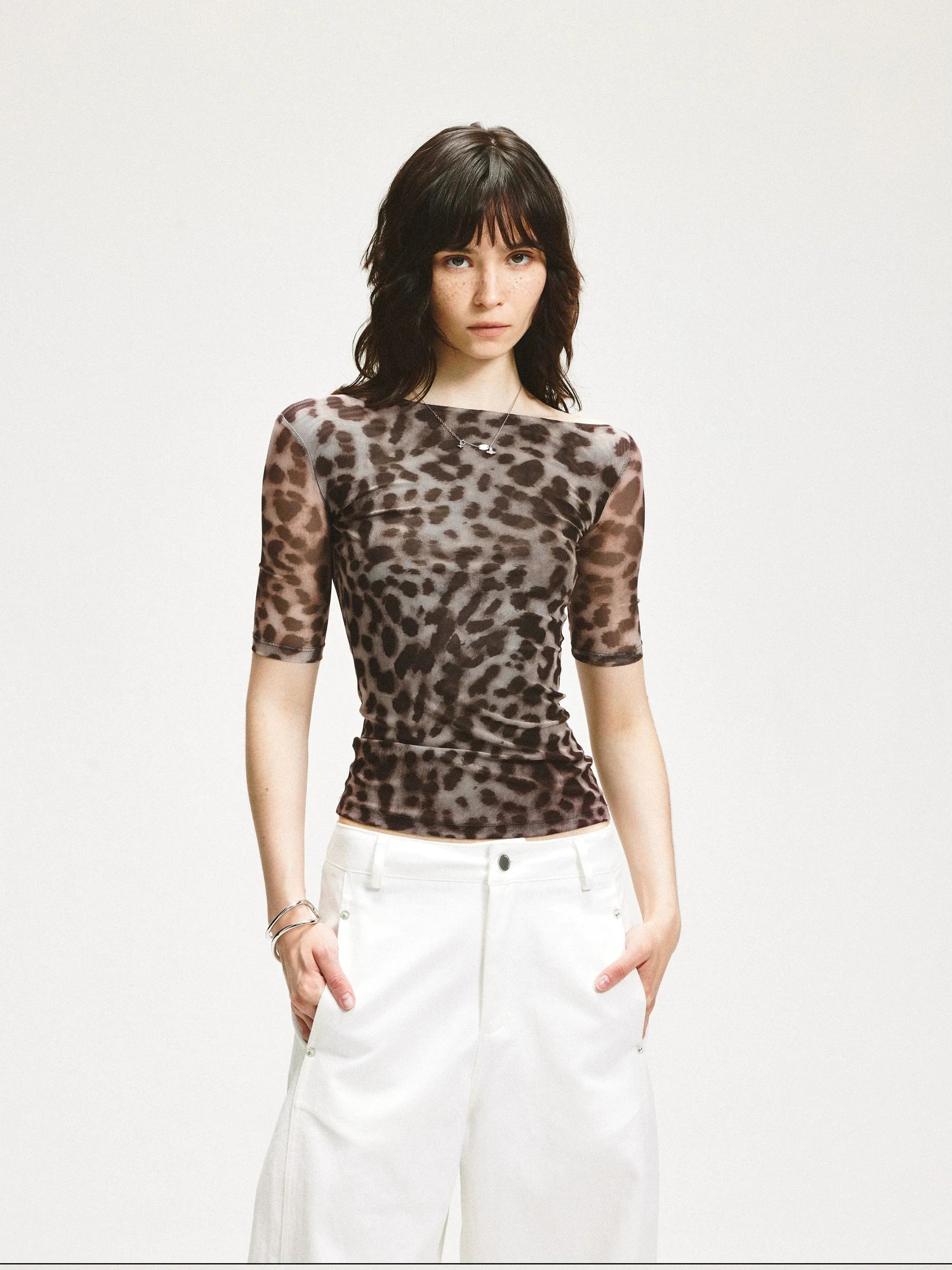 KVKV Yoga Clothing Brand - Stretch Leopard Mesh Slim Fit Mid Sleeve Top
