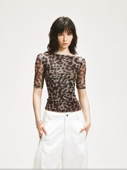 KVKV Yoga Clothing Brand - Stretch Leopard Mesh Slim Fit Mid Sleeve Top