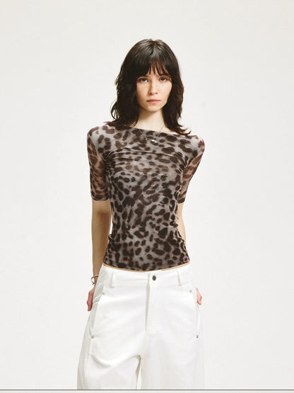 KVKV Yoga Clothing Brand - Stretch Leopard Mesh Slim Fit Mid Sleeve Top