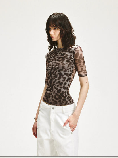 KVKV Yoga Clothing Brand - Stretch Leopard Mesh Slim Fit Mid Sleeve Top