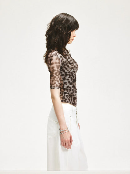 KVKV Yoga Clothing Brand - Stretch Leopard Mesh Slim Fit Mid Sleeve Top