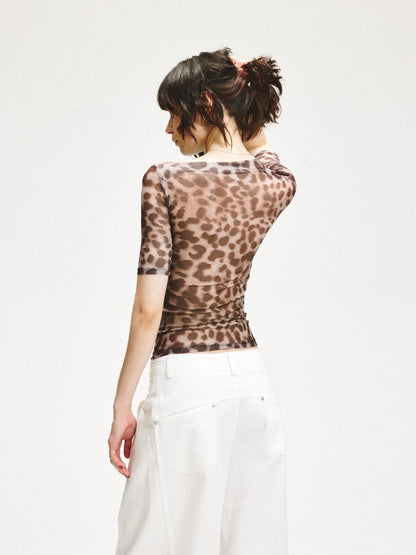 KVKV Yoga Clothing Brand - Stretch Leopard Mesh Slim Fit Mid Sleeve Top
