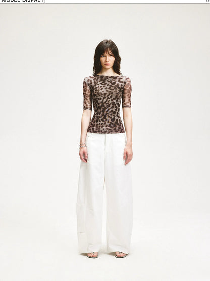 KVKV Yoga Clothing Brand - Stretch Leopard Mesh Slim Fit Mid Sleeve Top
