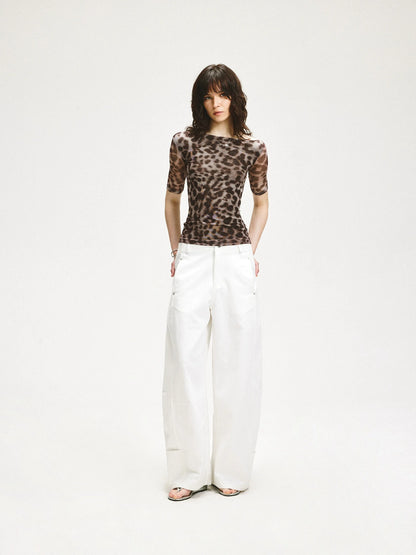 KVKV Yoga Clothing Brand - Stretch Leopard Mesh Slim Fit Mid Sleeve Top