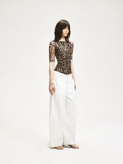 KVKV Yoga Clothing Brand - Stretch Leopard Mesh Slim Fit Mid Sleeve Top