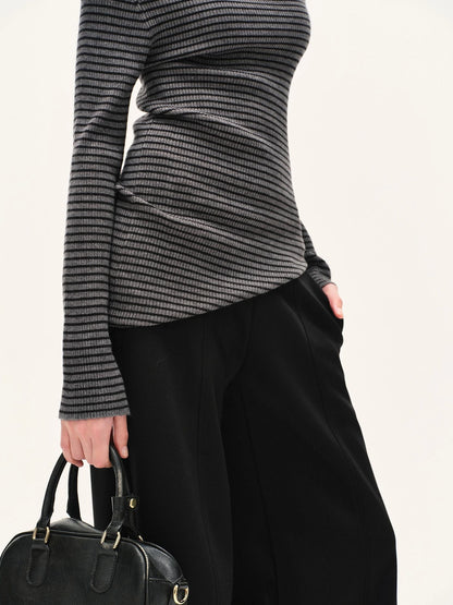 kvkv Stretch Stripe Knit Sweater V-neck T-shirt Long Sleeve