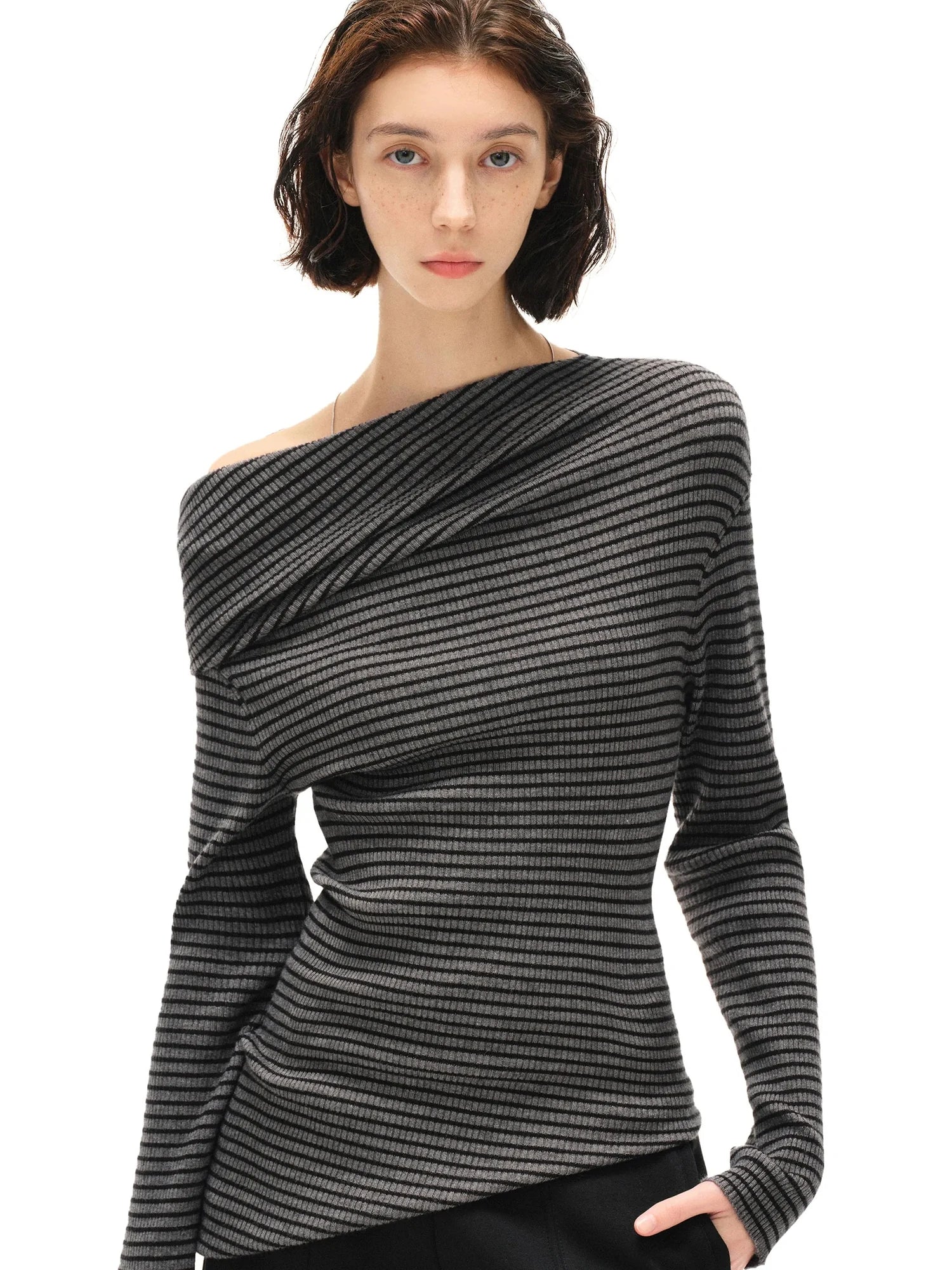 kvkv Stretch Stripe Knit Sweater V-neck T-shirt Long Sleeve