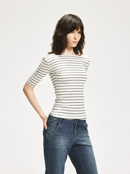 KVKV Yoga Clothing Brand - Stripe Stretch Fitted Mid Sleeve Tee