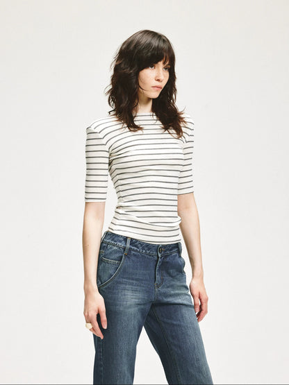 KVKV Yoga Clothing Brand - Stripe Stretch Fitted Mid Sleeve Tee