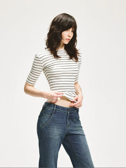 KVKV Yoga Clothing Brand - Stripe Stretch Fitted Mid Sleeve Tee