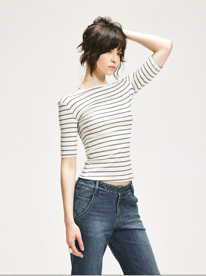 KVKV Yoga Clothing Brand - Stripe Stretch Fitted Mid Sleeve Tee