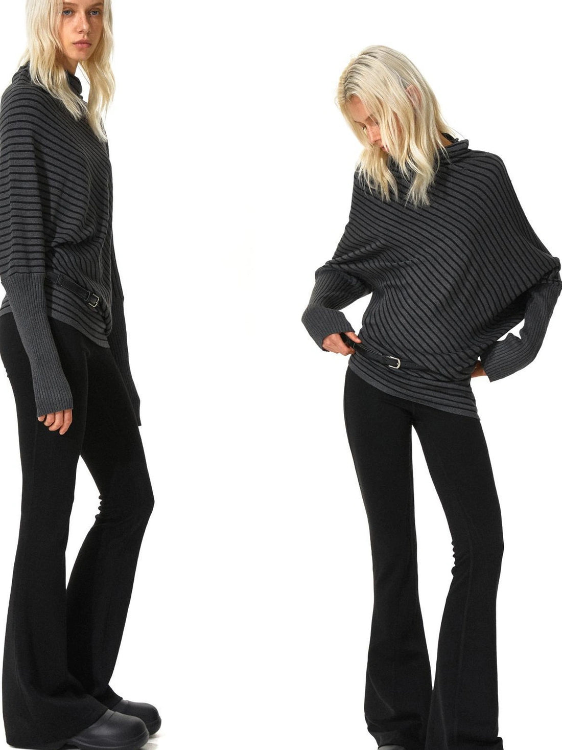 kvkv Striped Knit Batwing Sleeve Belted Sweater