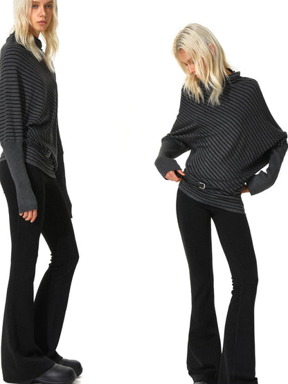 kvkv Striped Knit Batwing Sleeve Belted Sweater