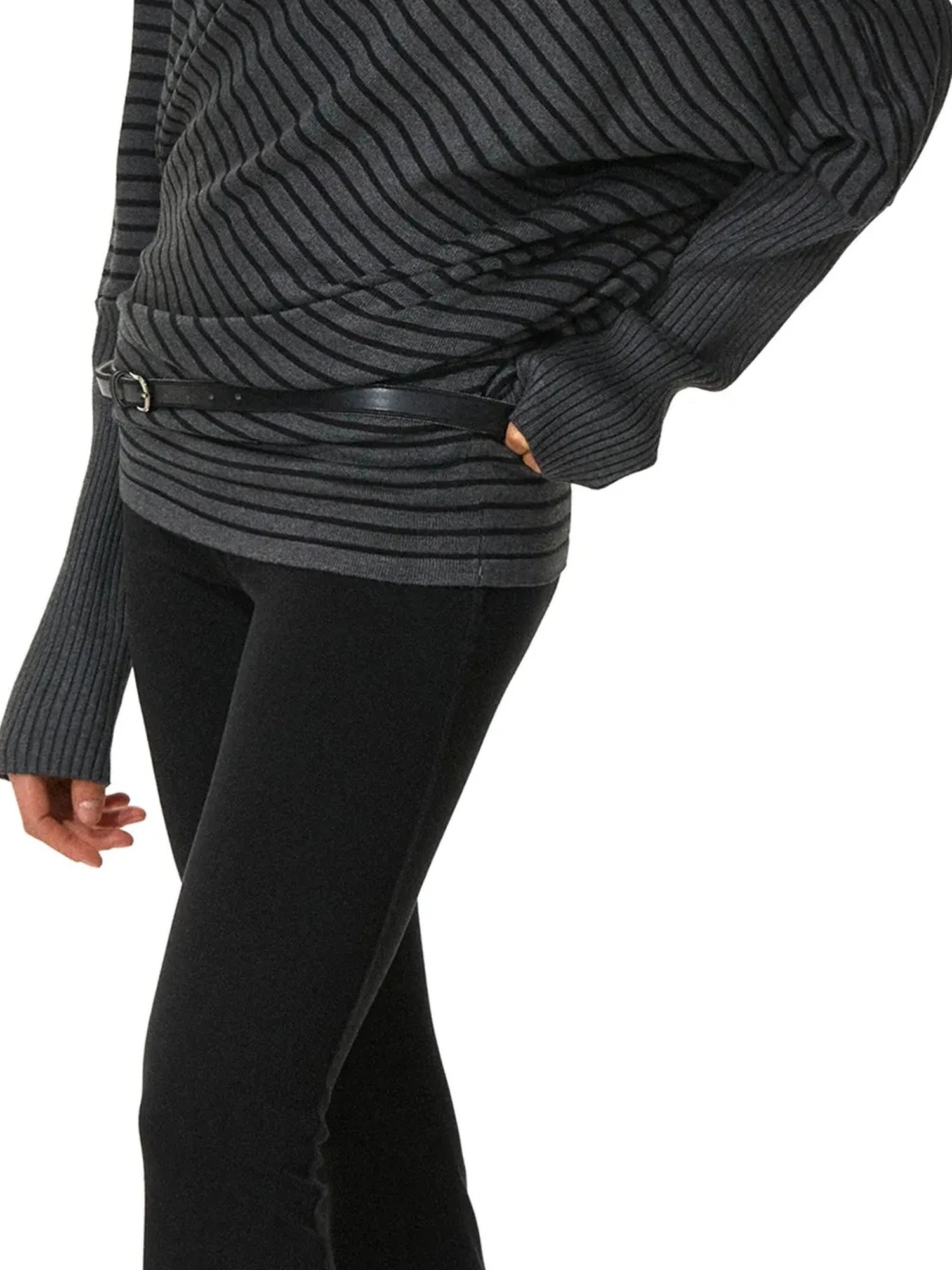 kvkv Striped Knit Batwing Sleeve Belted Sweater