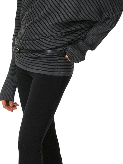 kvkv Striped Knit Batwing Sleeve Belted Sweater